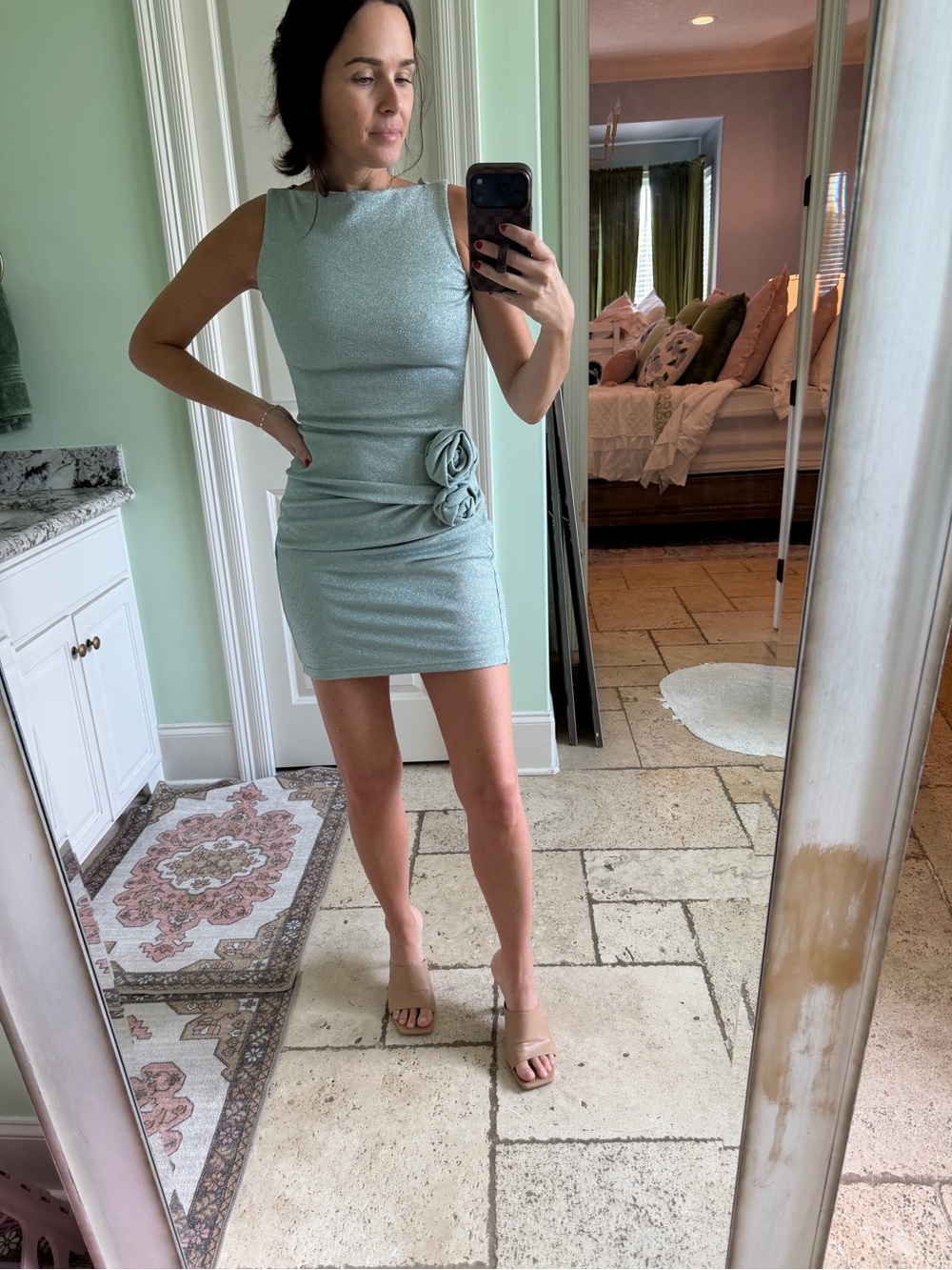 ZARA Sleeveless Mint Green /shimmer Cocktail Dress with Rosette Waist